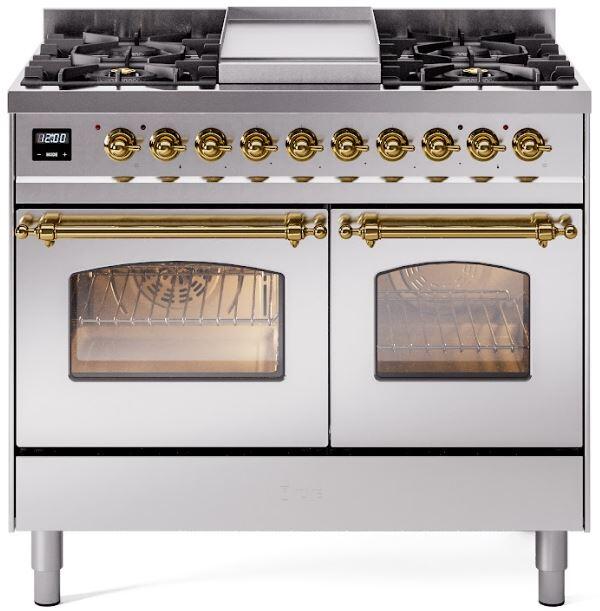 Ilve UPD40FNMPSSGLP Nostalgie Ii 40 Inch Dual Fuel Liquid Propane Freestanding Range In Stainless Steel With Brass Trim