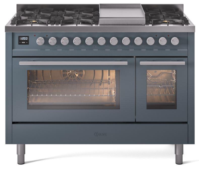 Ilve UP48FWMPBGLP Professional Plus Ii 48 Inch Dual Fuel Liquid Propane Freestanding Range In Blue Grey With Trim