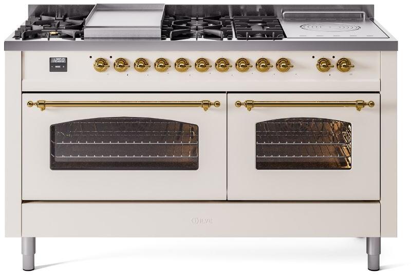 Ilve UP60FSNMPAWG Nostalgie Ii 60 Inch Dual Fuel Natural Gas Freestanding Range In Antique White With Brass Trim