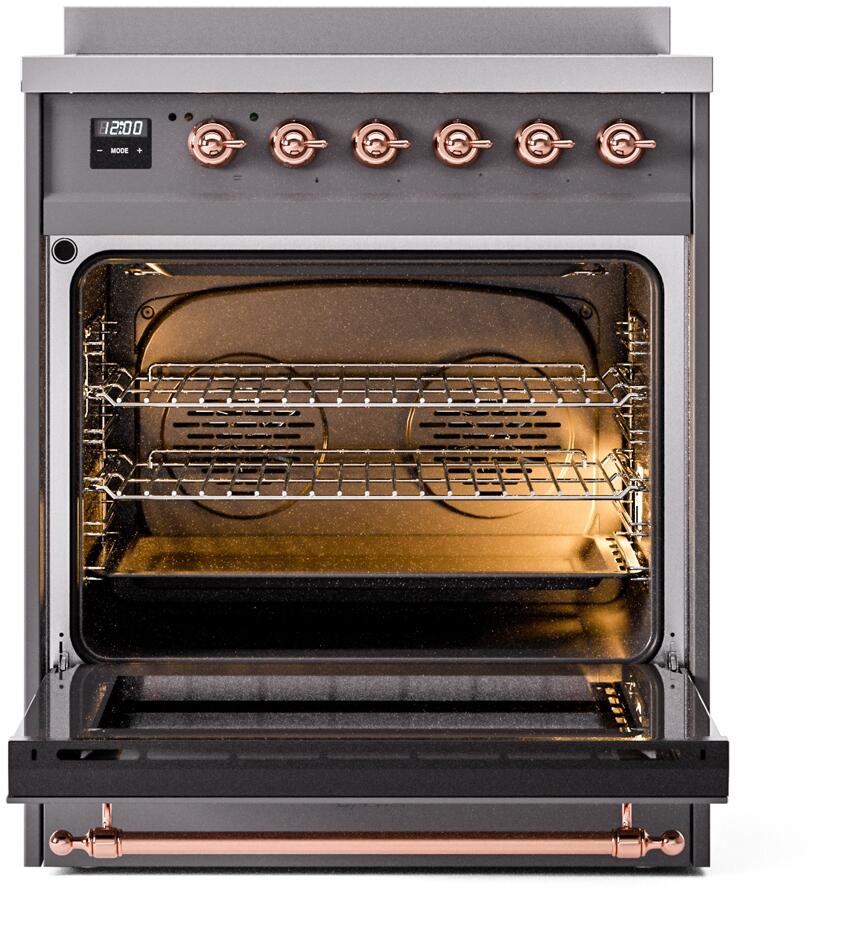 Ilve UPI304NMPMGP Nostalgie Ii 30 Inch Electric Freestanding Range In Matte Graphite With Copper Trim