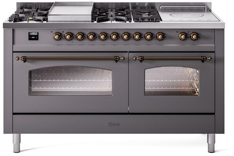 Ilve UP60FSNMPMGB Nostalgie Ii 60 Inch Dual Fuel Natural Gas Freestanding Range In Matte Graphite With Bronze Trim