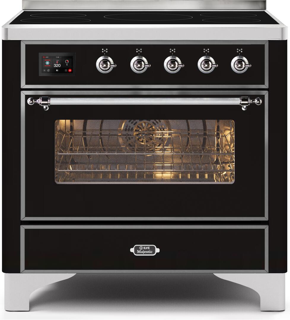 Ilve UMI09NS3BKC Majestic Ii 36 Inch Electric Freestanding Range In Glossy Black With Chrome Trim