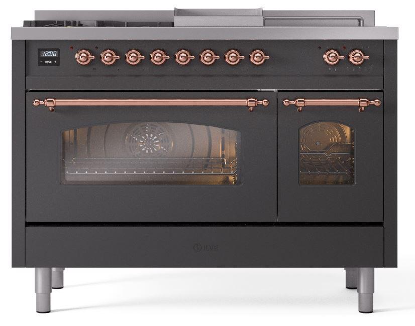 Ilve UP48FSNMPMGP Nostalgie Ii 48 Inch Dual Fuel Natural Gas Freestanding Range In Matte Graphite With Copper Trim