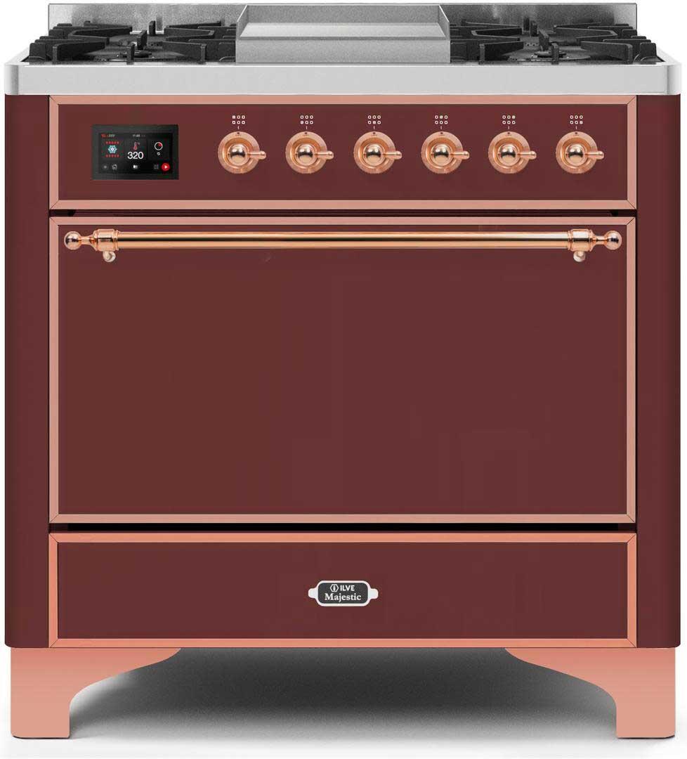 Ilve UM09FDQNS3BUP Majestic Ii 36 Inch Dual Fuel Natural Gas Freestanding Range In Burgundy With Copper Trim