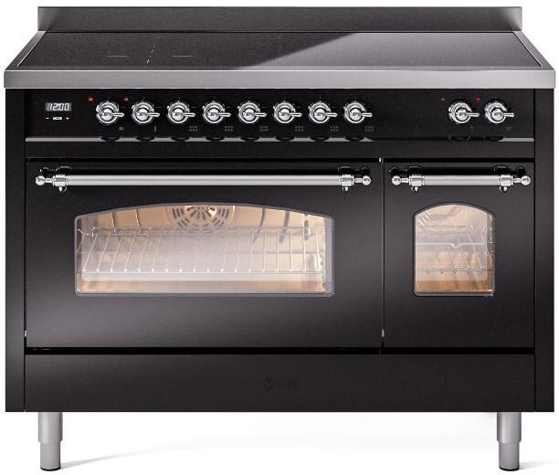 Ilve UPI486NMPBKC Nostalgie Ii 48 Inch Electric Freestanding Range In Glossy Black With Chrome Trim