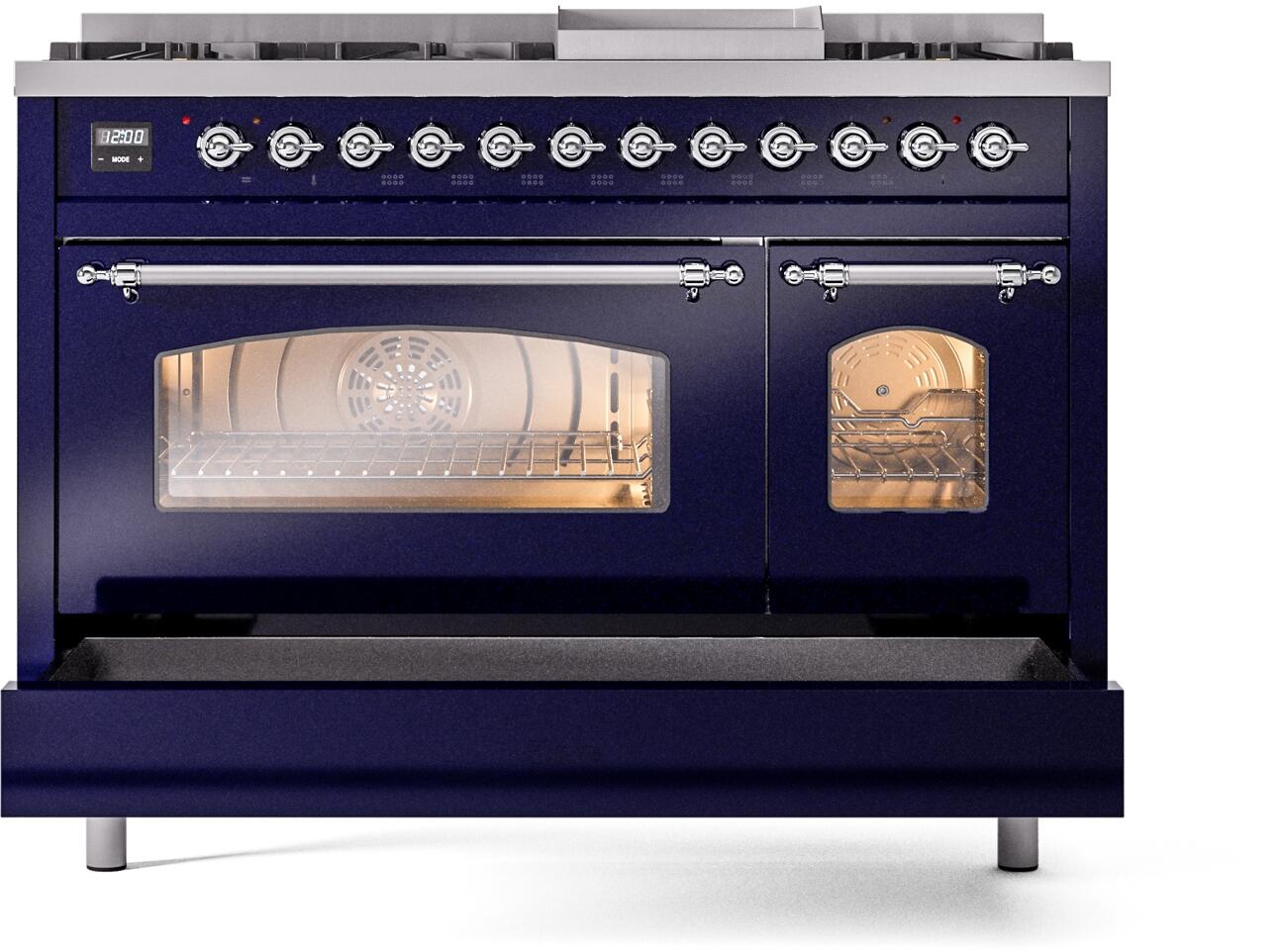 Ilve UP48FNMPMBC Nostalgie Ii 48 Inch Dual Fuel Natural Gas Freestanding Range In Blue With Chrome Trim