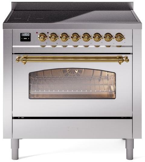 Ilve UPI366NMPSSG Nostalgie Ii 36 Inch Electric Freestanding Range In Stainless Steel With Brass Trim