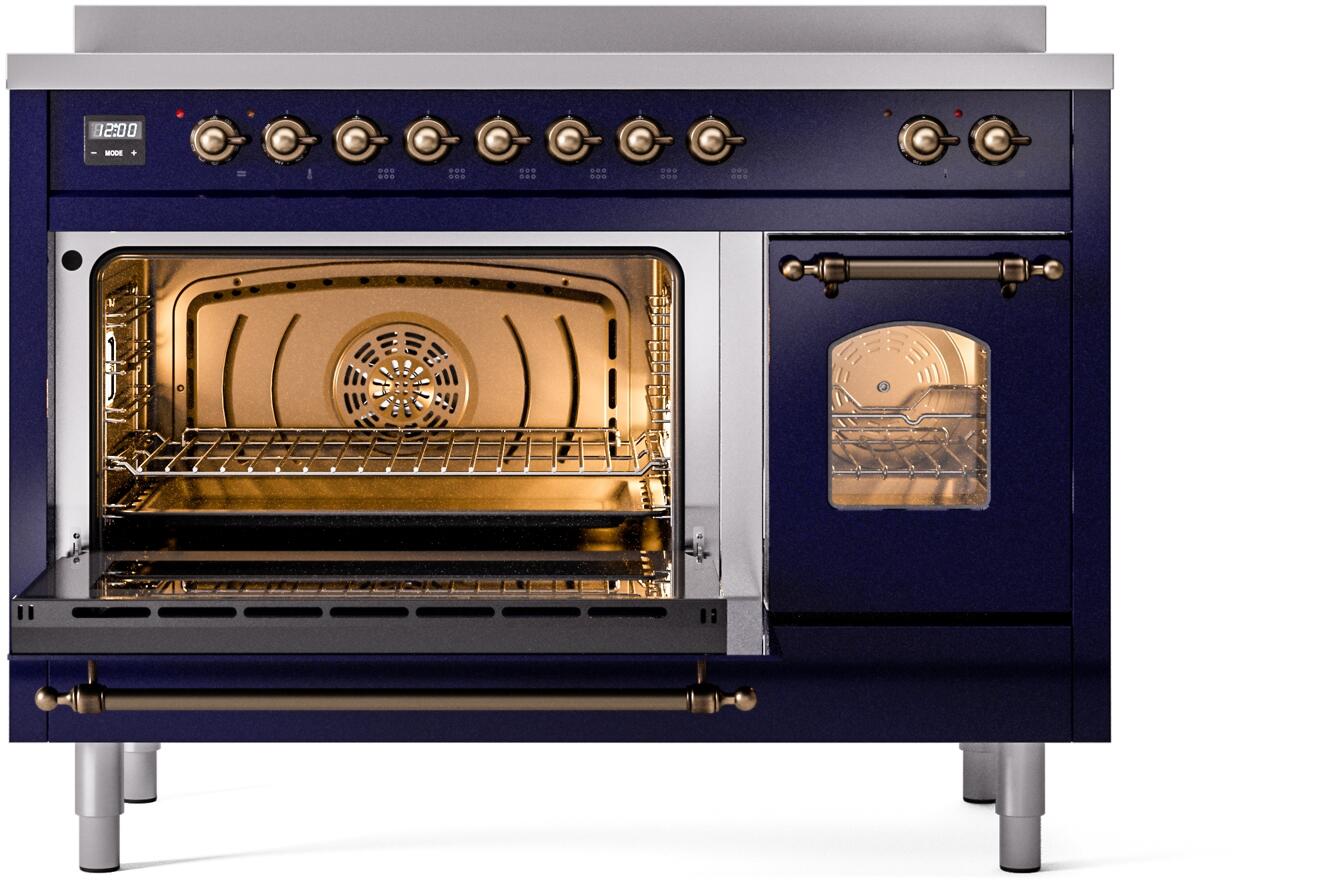 Ilve UPI486NMPMBB Nostalgie Ii 48 Inch Electric Freestanding Range In Blue With Bronze Trim