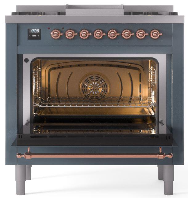 Ilve UP36FNMPBGP Nostalgie Ii 36 Inch Dual Fuel Natural Gas Freestanding Range In Blue Grey With Copper Trim