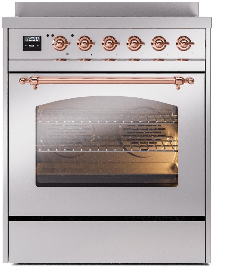 Ilve UPI304NMPSSP Nostalgie Ii 30 Inch Electric Freestanding Range In Stainless Steel With Copper Trim