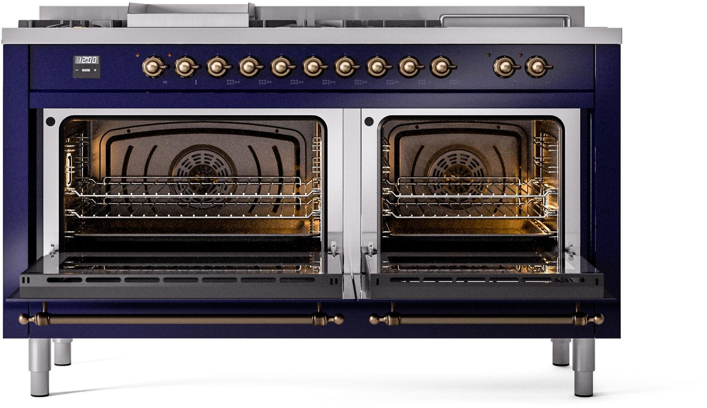 Ilve UP60FSNMPMBB Nostalgie Ii 60 Inch Dual Fuel Natural Gas Freestanding Range In Blue With Bronze Trim