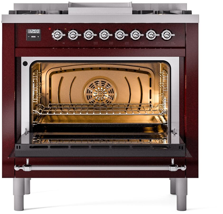 Ilve UP36FNMPBUC Nostalgie Ii 36 Inch Dual Fuel Natural Gas Freestanding Range In Burgundy With Chrome Trim