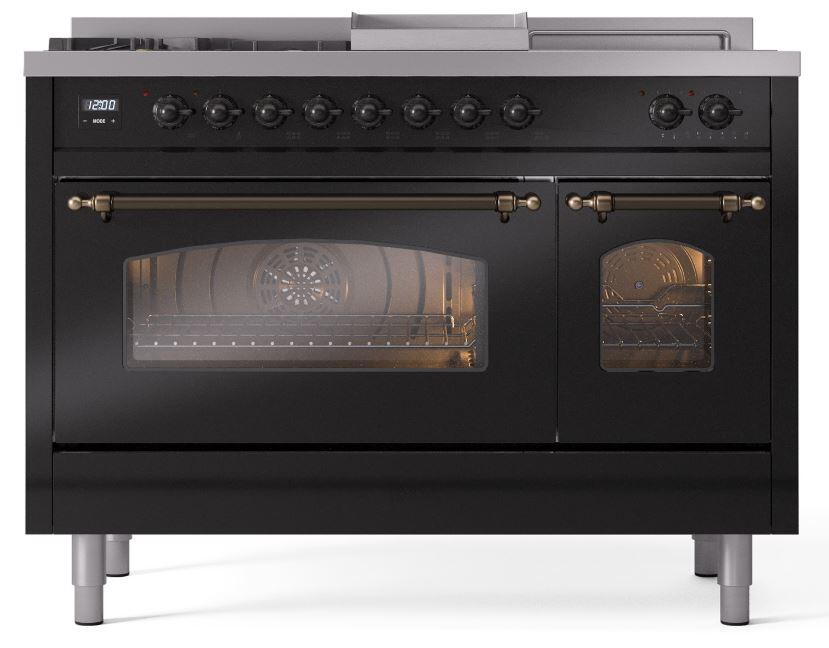 Ilve UP48FSNMPBKB Nostalgie Ii 48 Inch Dual Fuel Natural Gas Freestanding Range In Glossy Black With Bronze Trim