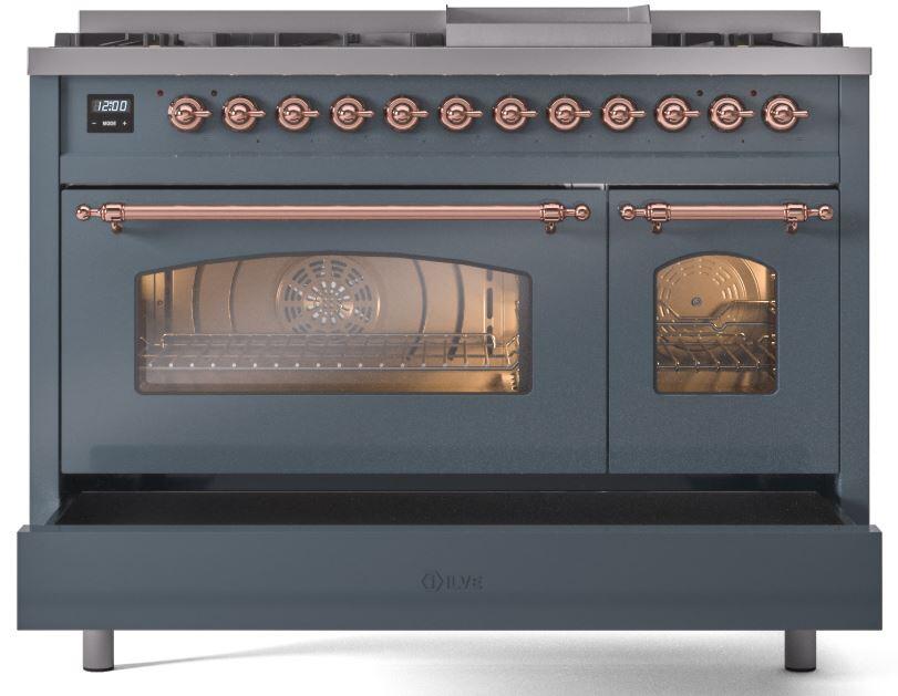 Ilve UP48FNMPBGP Nostalgie Ii 48 Inch Dual Fuel Natural Gas Freestanding Range In Blue Grey With Copper Trim