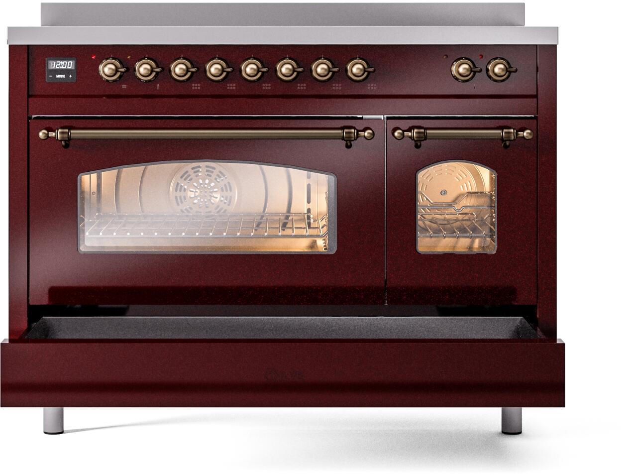 Ilve UPI486NMPBUB Nostalgie Ii 48 Inch Electric Freestanding Range In Burgundy With Bronze Trim