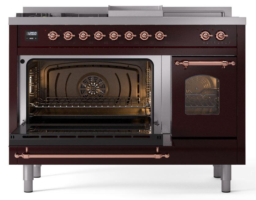 Ilve UP48FSNMPBUPLP Nostalgie Ii 48 Inch Dual Fuel Liquid Propane Freestanding Range In Burgundy With Copper Trim