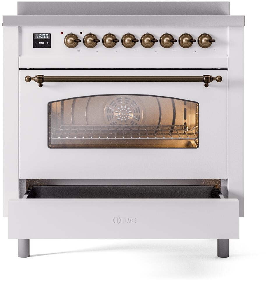 Ilve UPI366NMPWHB Nostalgie Ii 36 Inch Electric Freestanding Range In White With Bronze Trim