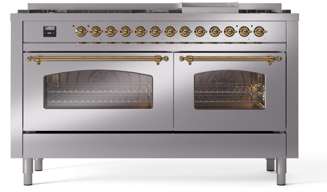 Ilve UP60FNMPSSGLP Nostalgie Ii 60 Inch Dual Fuel Liquid Propane Freestanding Range In Stainless Steel With Brass Trim