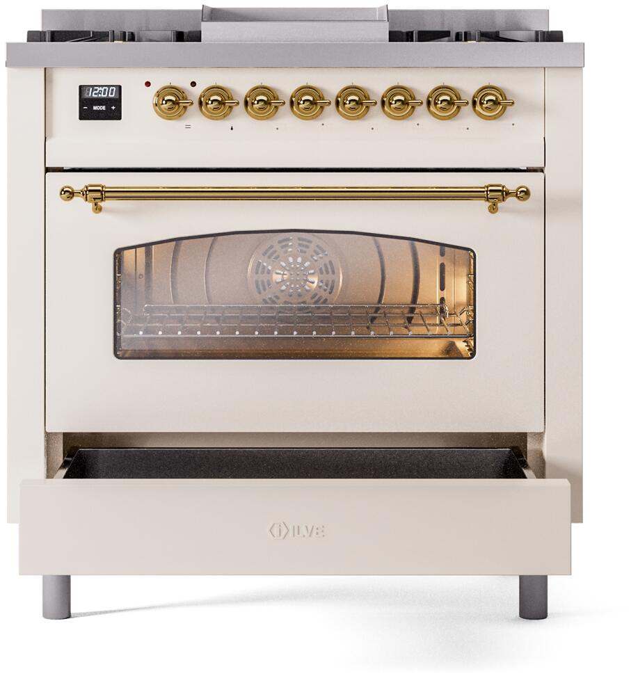 Ilve UP36FNMPAWG Nostalgie Ii 36 Inch Dual Fuel Natural Gas Freestanding Range In Antique White With Brass Trim