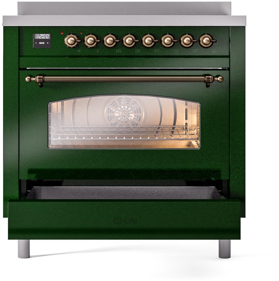 Ilve UPI366NMPEGB Nostalgie Ii 36 Inch Electric Freestanding Range In Emerald Green With Bronze Trim