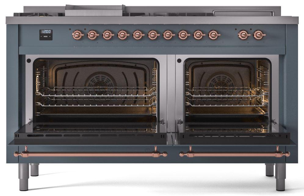 Ilve UP60FSNMPBGP Nostalgie Ii 60 Inch Dual Fuel Natural Gas Freestanding Range In Blue Grey With Copper Trim