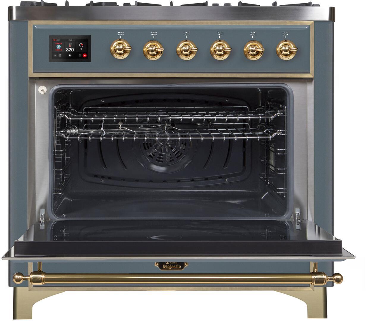 Ilve UM09FDNS3BGG Majestic Ii 36 Inch Dual Fuel Natural Gas Freestanding Range In Blue Grey With Brass Trim