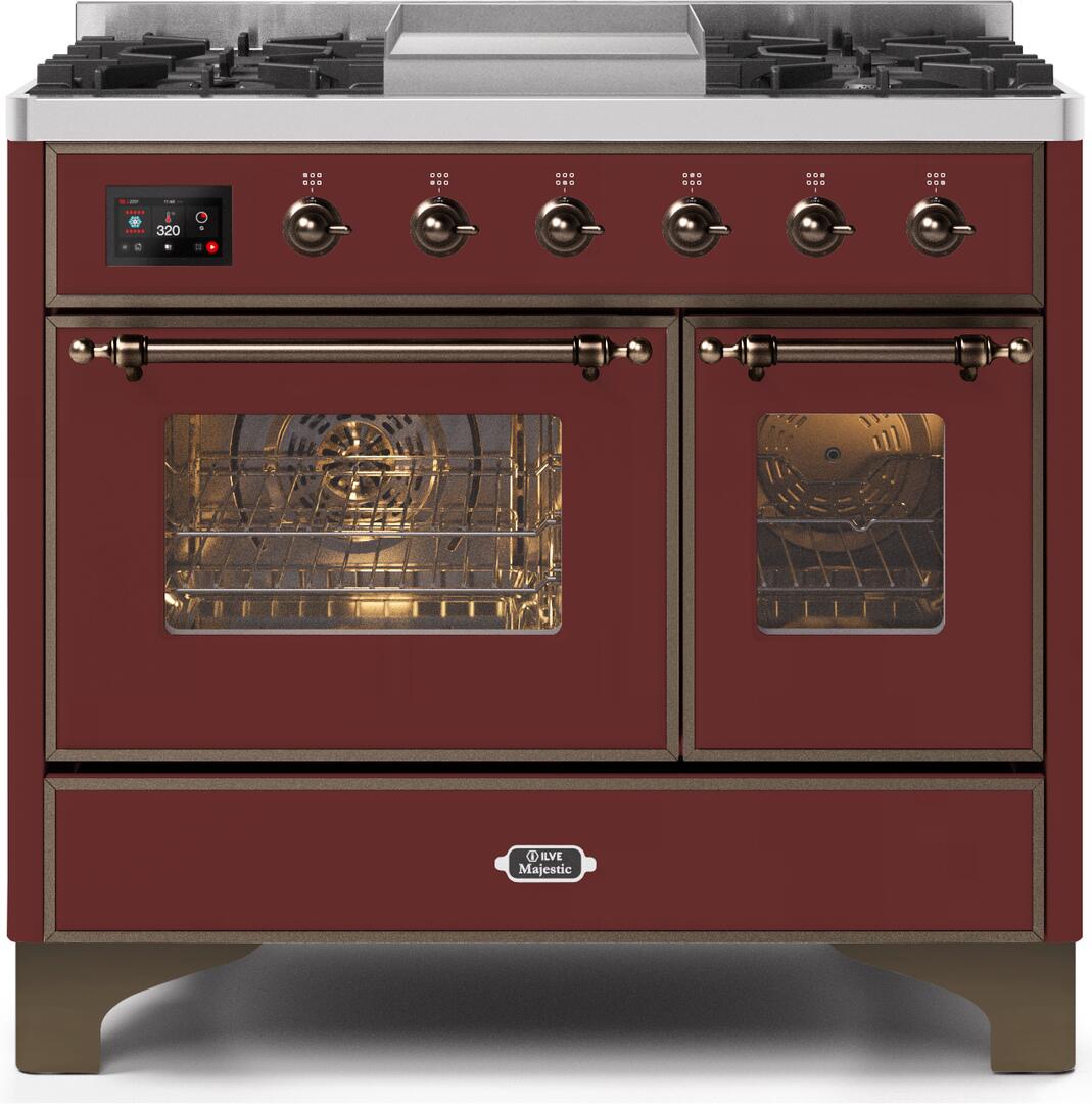 Ilve UMD10FDNS3BUBLP Majestic Ii 40 Inch Dual Fuel Liquid Propane Freestanding Range In Burgundy With Bronze Trim