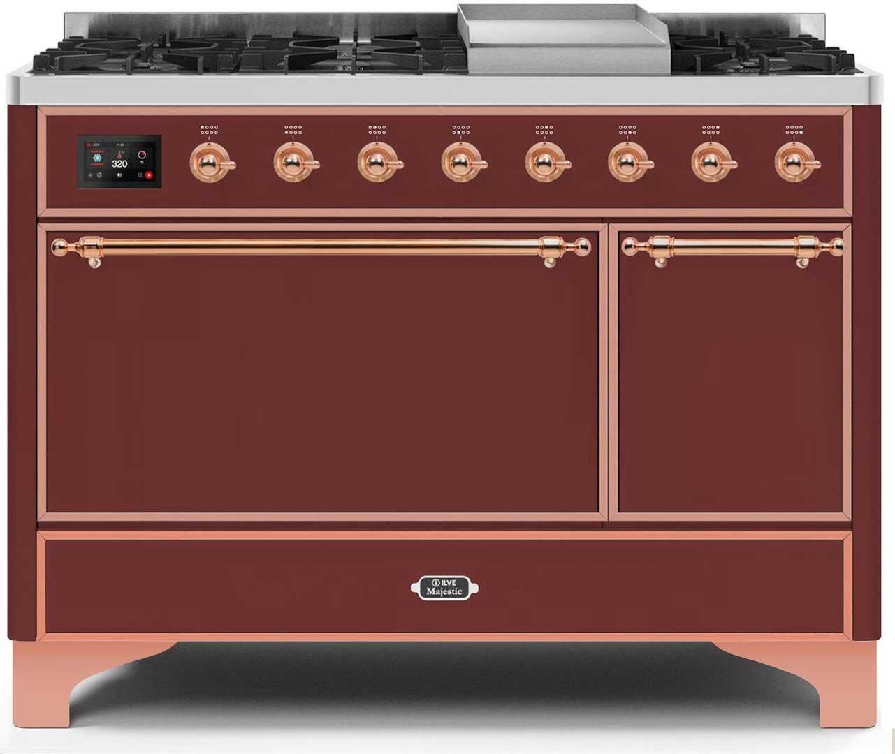 Ilve UM12FDQNS3BUPLP Majestic Ii 48 Inch Dual Fuel Liquid Propane Freestanding Range In Burgundy With Copper Trim