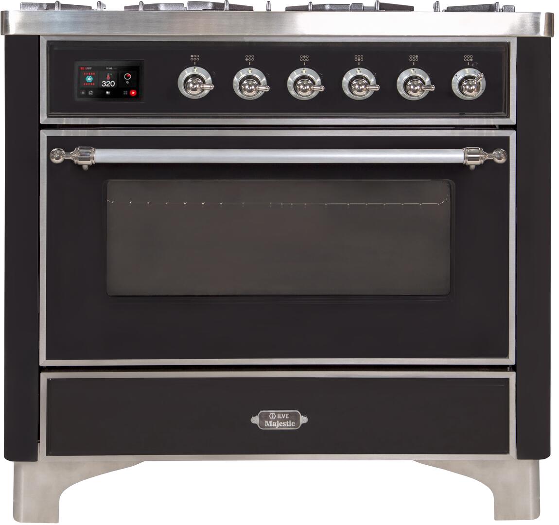 Ilve UM09FDNS3BKC Majestic Ii 36 Inch Dual Fuel Natural Gas Freestanding Range In Glossy Black With Chrome Trim