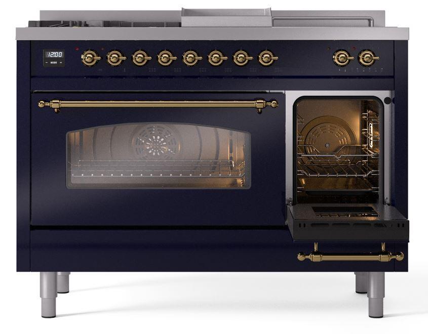 Ilve UP48FSNMPMBGLP Nostalgie Ii 48 Inch Dual Fuel Liquid Propane Freestanding Range In Blue With Brass Trim