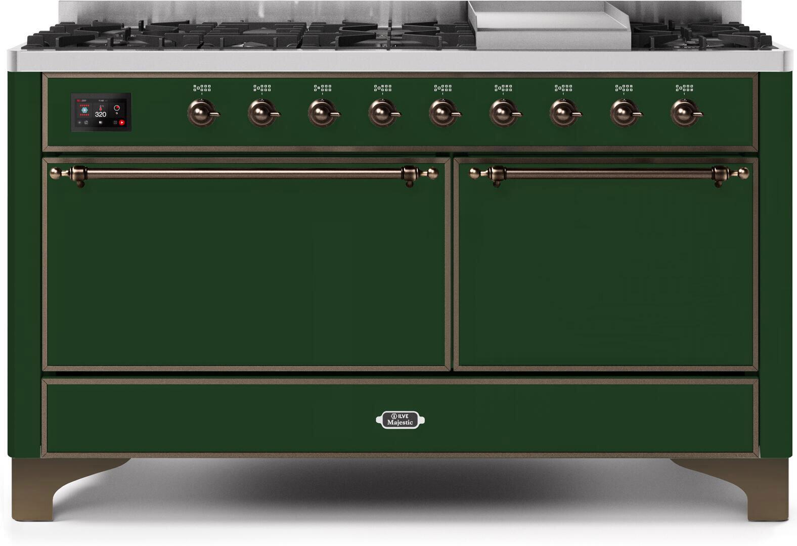 Ilve UM15FDQNS3EGB Majestic Ii 60 Inch Dual Fuel Natural Gas Freestanding Range In Emerald Green With Bronze Trim