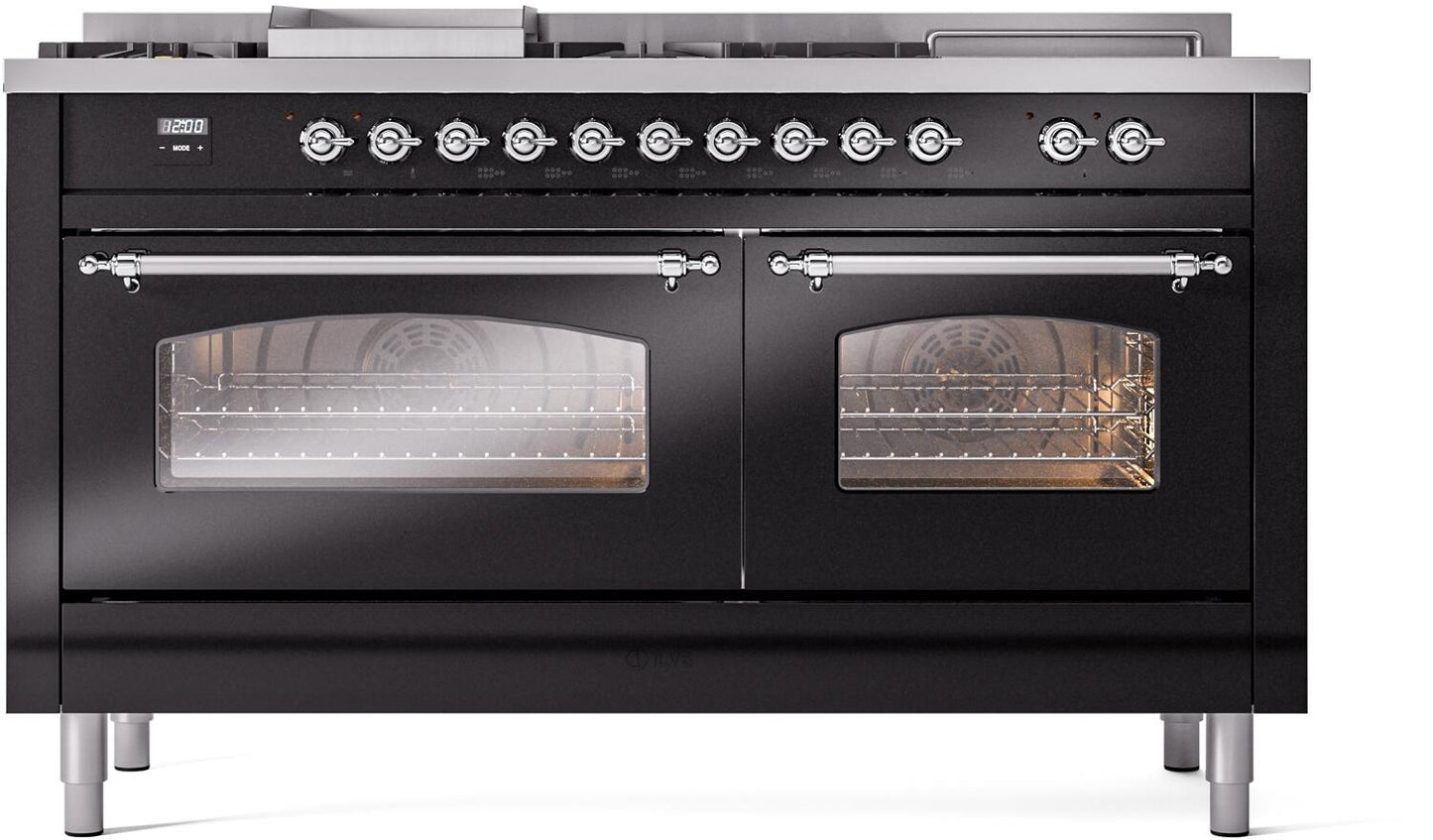 Ilve UP60FSNMPBKC Nostalgie Ii 60 Inch Dual Fuel Natural Gas Freestanding Range In Glossy Black With Chrome Trim