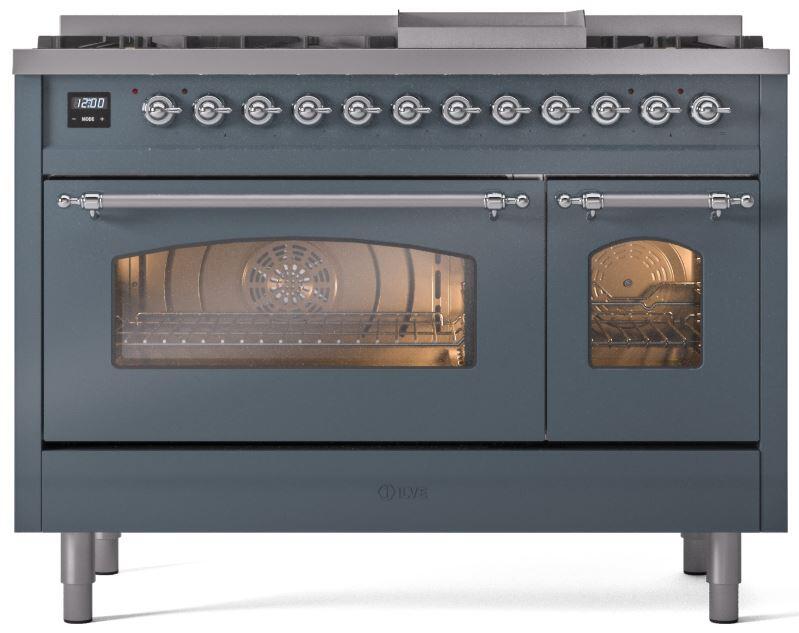 Ilve UP48FNMPBGCLP Nostalgie Ii 48 Inch Dual Fuel Liquid Propane Freestanding Range In Blue Grey With Chrome Trim