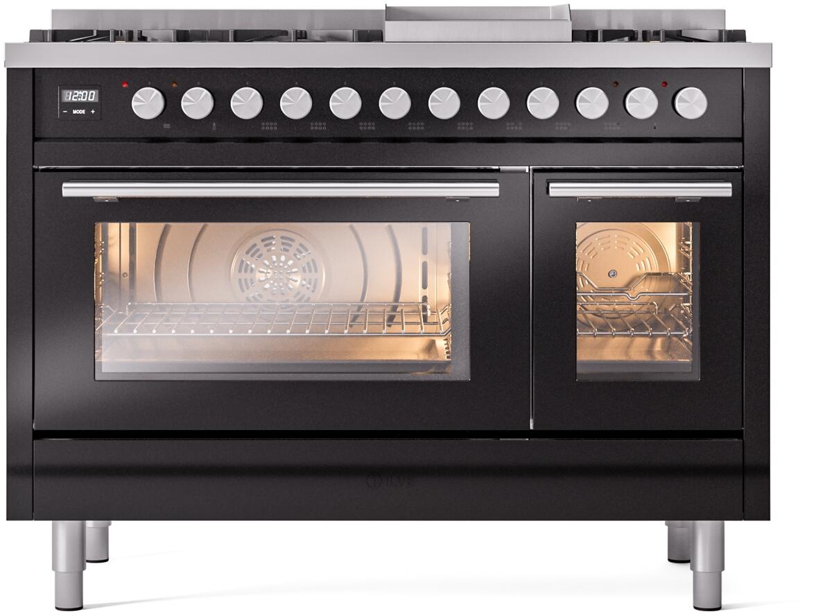 Ilve UP48FWMPBK Professional Plus Ii 48 Inch Dual Fuel Natural Gas Freestanding Range In Glossy Black With Trim