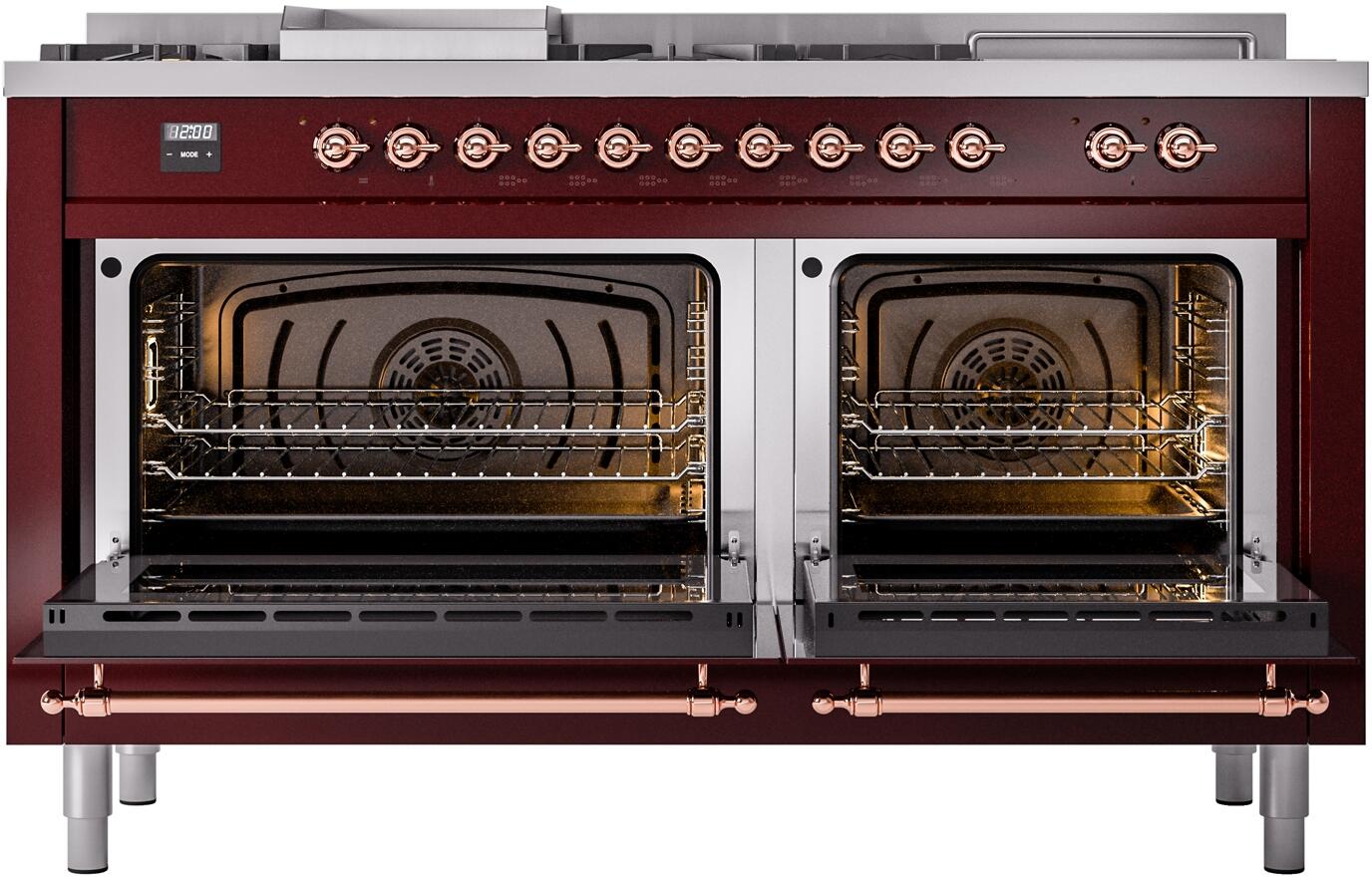 Ilve UP60FSNMPBUP Nostalgie Ii 60 Inch Dual Fuel Natural Gas Freestanding Range In Burgundy With Copper Trim