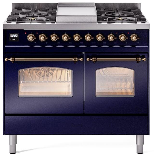 Ilve UPD40FNMPMBBLP Nostalgie Ii 40 Inch Dual Fuel Liquid Propane Freestanding Range In Blue With Bronze Trim