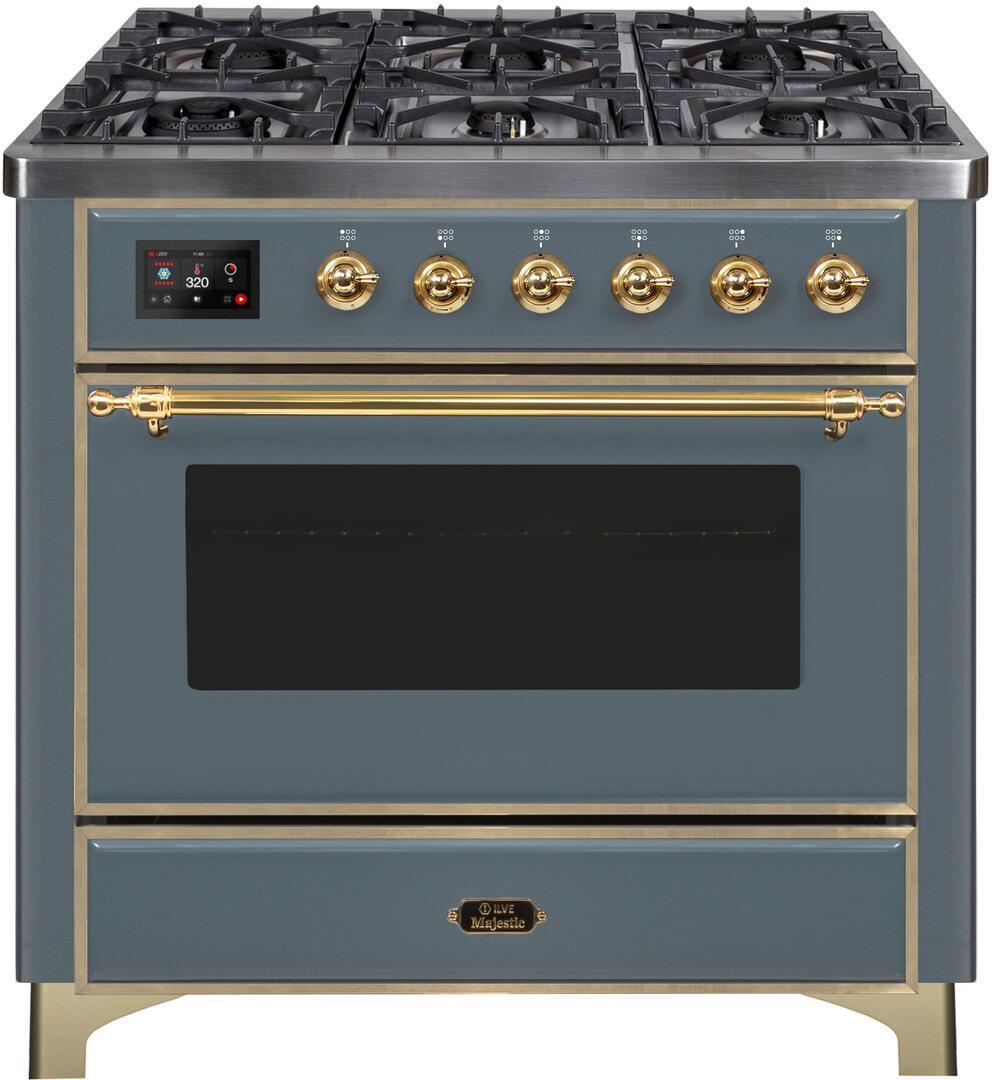 Ilve UM09FDNS3BGG Majestic Ii 36 Inch Dual Fuel Natural Gas Freestanding Range In Blue Grey With Brass Trim