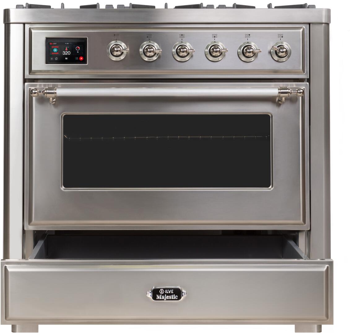 Ilve UM09FDNS3SSCLP Majestic Ii 36 Inch Dual Fuel Liquid Propane Freestanding Range In Stainless Steel With Chrome Trim