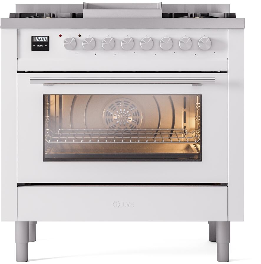 Ilve UP36FWMPWHLP Professional Plus Ii 36 Inch Dual Fuel Liquid Propane Freestanding Range In White With Trim