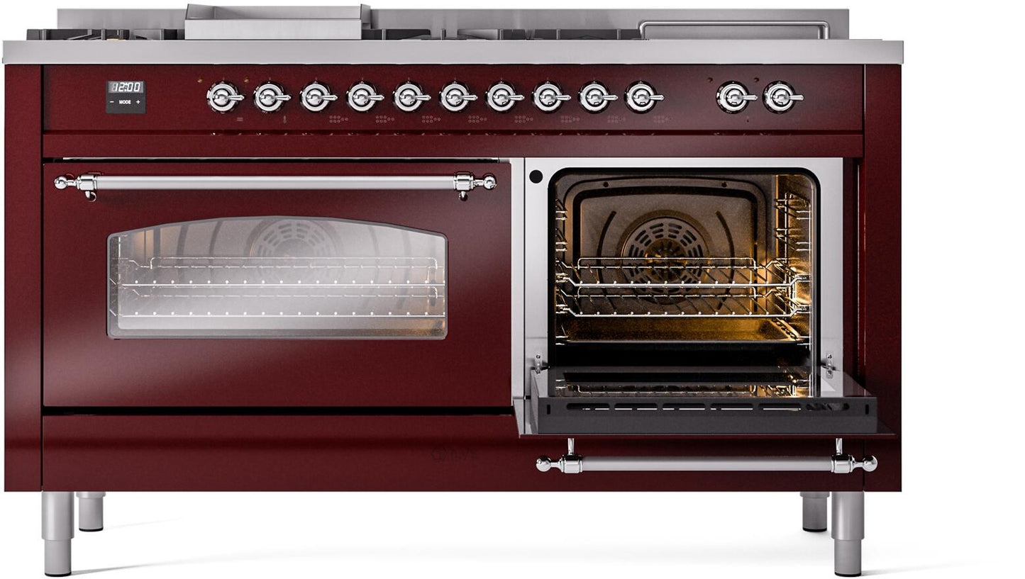 Ilve UP60FSNMPBUCLP Nostalgie Ii 60 Inch Dual Fuel Liquid Propane Freestanding Range In Burgundy With Chrome Trim