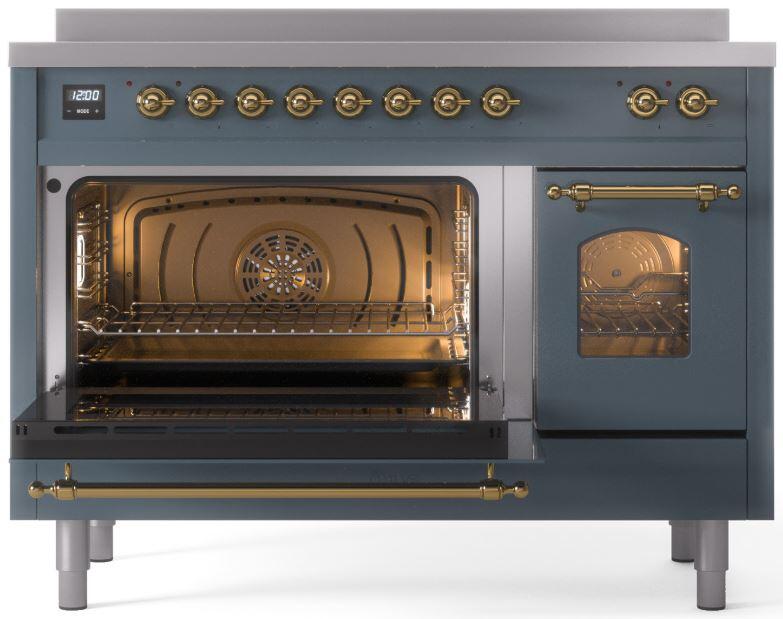 Ilve UPI486NMPBGG Nostalgie Ii 48 Inch Electric Freestanding Range In Blue Grey With Brass Trim