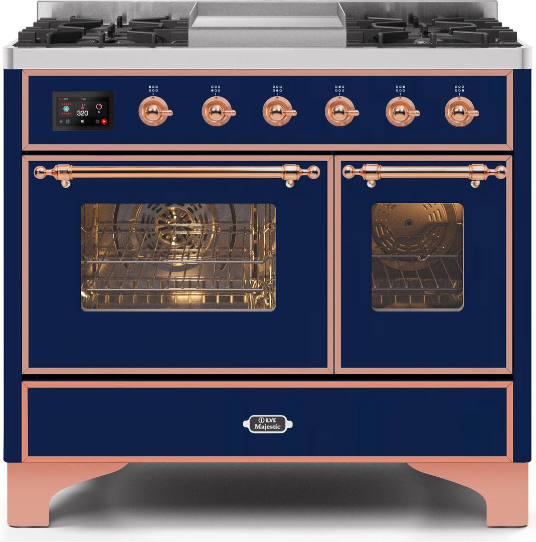 Ilve UMD10FDNS3MBPLP Majestic Ii 40 Inch Dual Fuel Liquid Propane Freestanding Range In Blue With Copper Trim