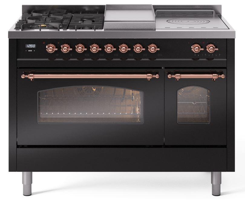 Ilve UP48FSNMPBKC Nostalgie Ii 48 Inch Dual Fuel Natural Gas Freestanding Range In Glossy Black With Copper Trim