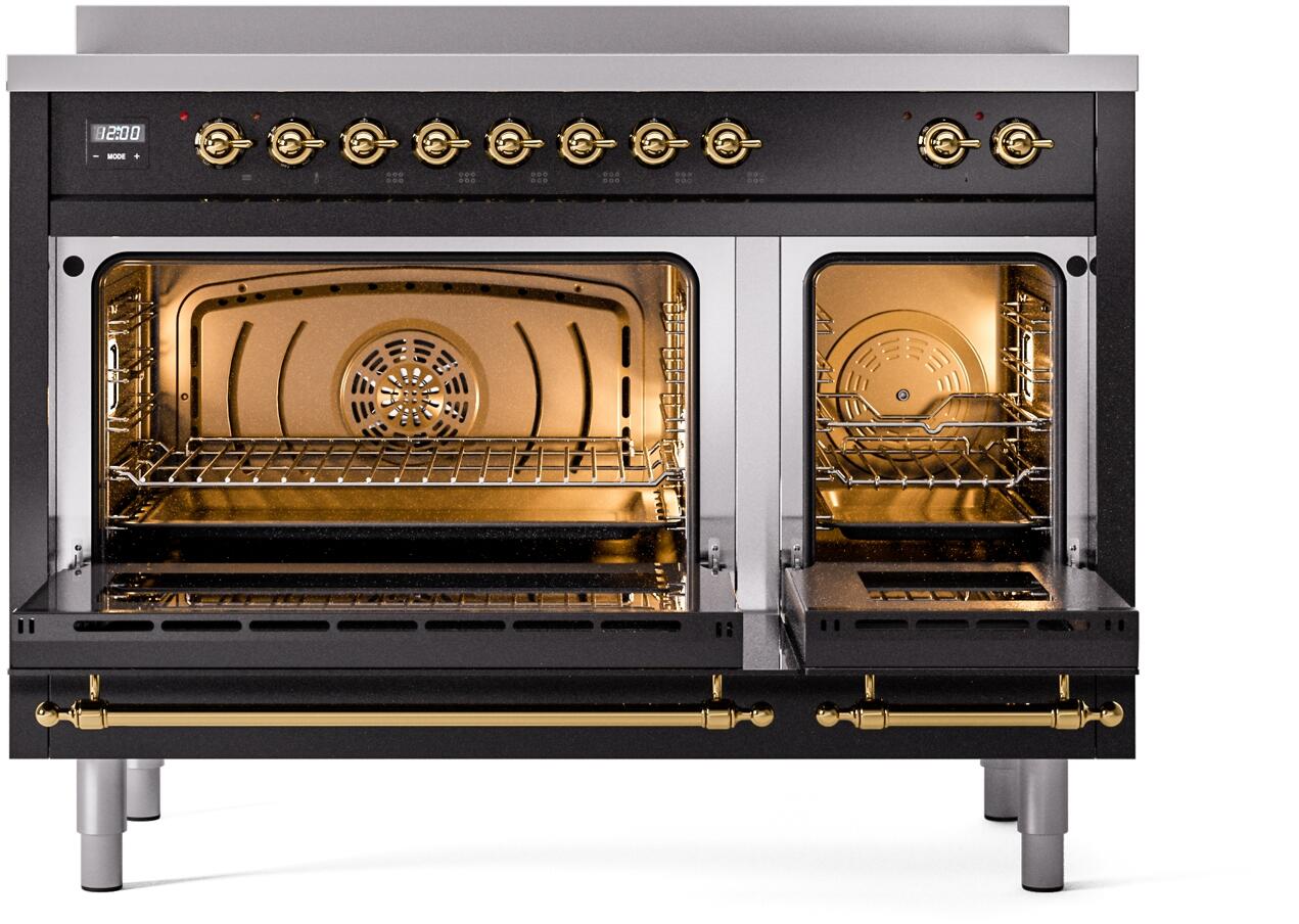 Ilve UPI486NMPBKG Nostalgie Ii 48 Inch Electric Freestanding Range In Glossy Black With Brass Trim