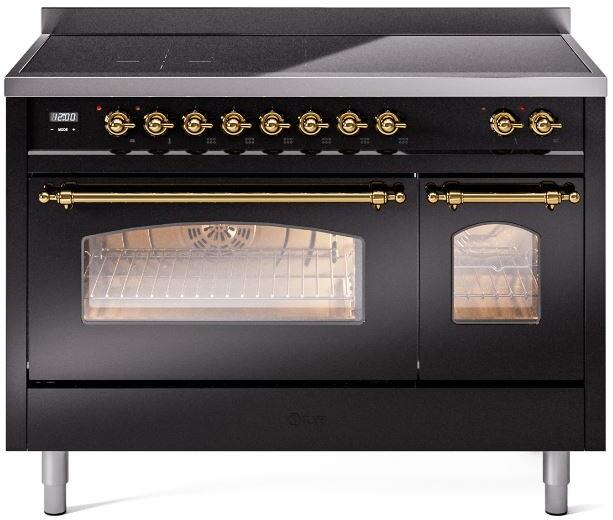 Ilve UPI486NMPBKG Nostalgie Ii 48 Inch Electric Freestanding Range In Glossy Black With Brass Trim