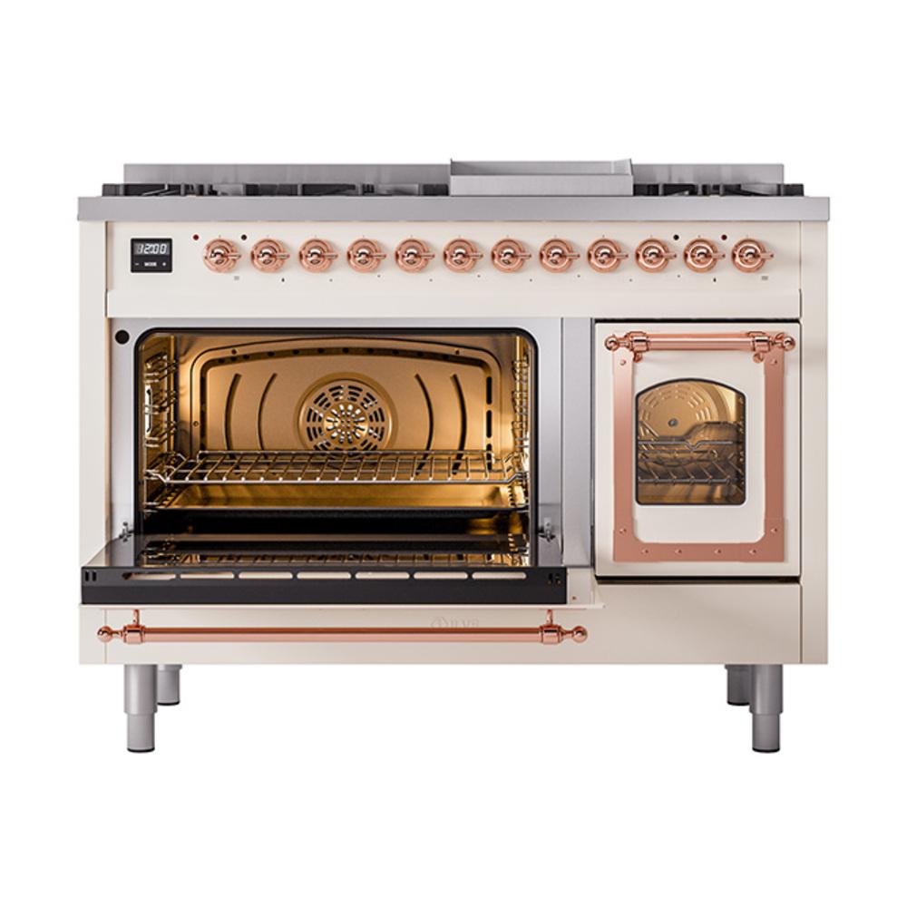 Ilve UN48FNMPAWPLP Ilve Un48Fnmpawplp Nostalgie Ii Noblesse 48" Dual Fuel Range (8 Sealed Burners + Griddle, Liquid Propane, Triple Glass Door, Antique White, Copper)