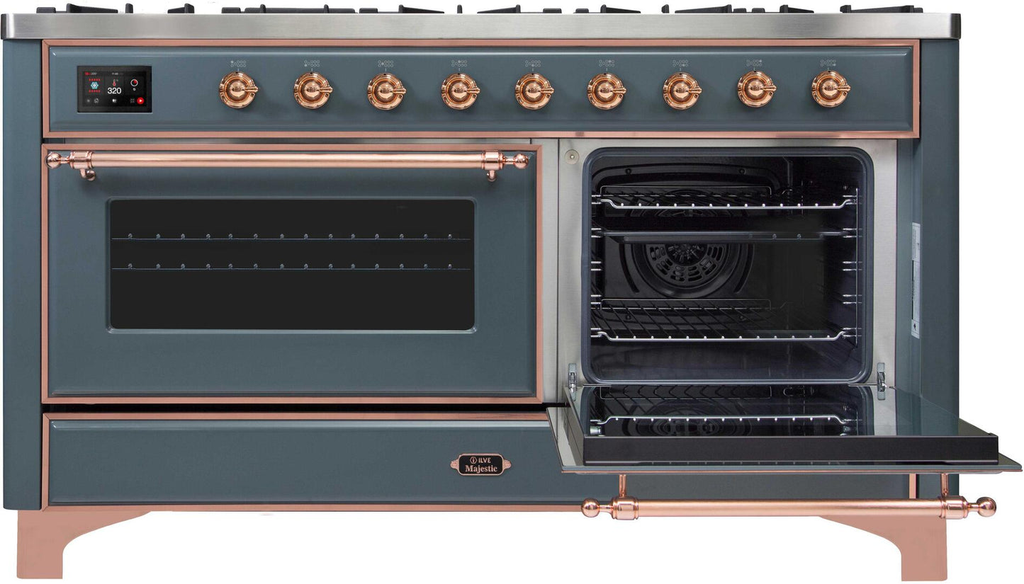 Ilve UM15FDNS3BGP Majestic Ii 60 Inch Dual Fuel Natural Gas Freestanding Range In Blue Grey With Copper Trim