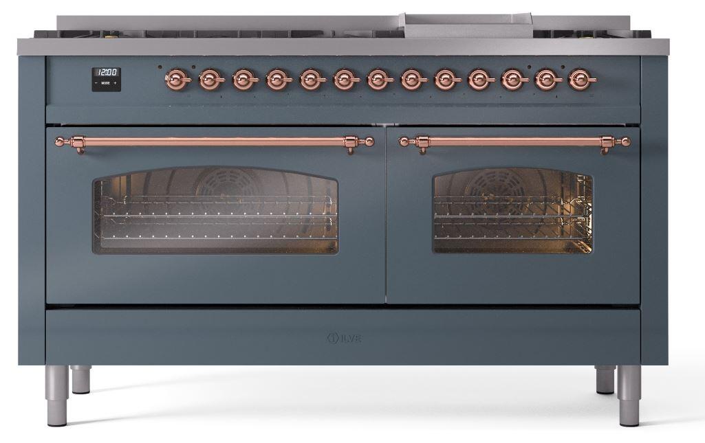 Ilve UP60FNMPBGP Nostalgie Ii 60 Inch Dual Fuel Natural Gas Freestanding Range In Blue Grey With Copper Trim