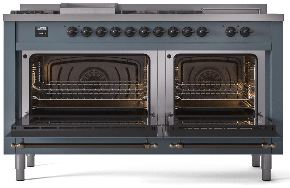 Ilve UP60FSNMPBGBLP Nostalgie Ii 60 Inch Dual Fuel Liquid Propane Freestanding Range In Blue Grey With Bronze Trim