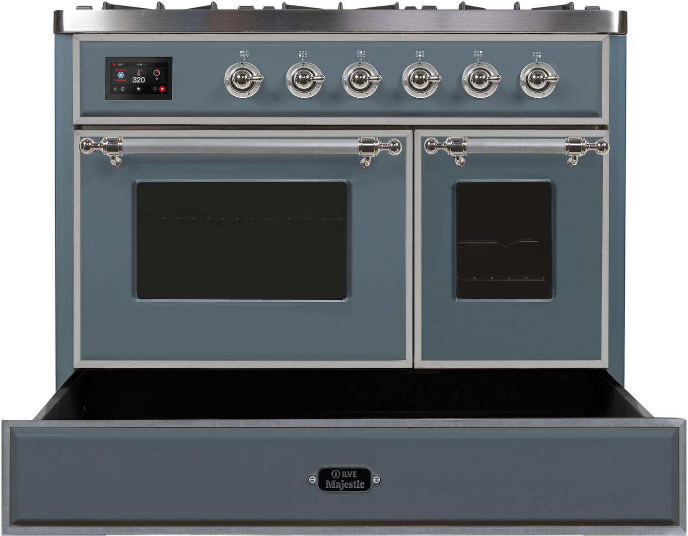 Ilve UMD10FDNS3BGC Majestic Ii 40 Inch Dual Fuel Natural Gas Freestanding Range In Blue Grey With Chrome Trim